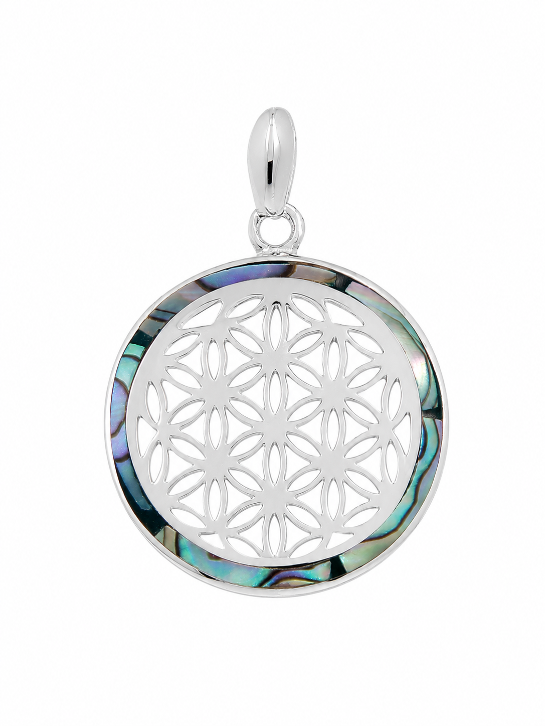 Pendentif fleur de vie irisé Abalone Argent