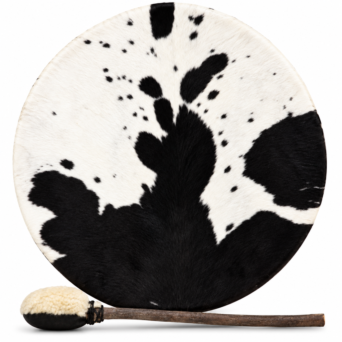 Tambour chamanique cheval noir et blanc - 50 cm, frêne